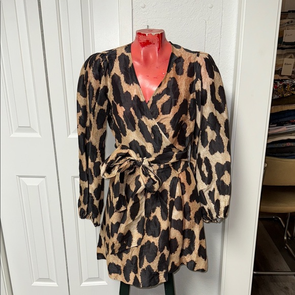 GANNI - silk linen leopard print wrap dress - Picture 2 of 8